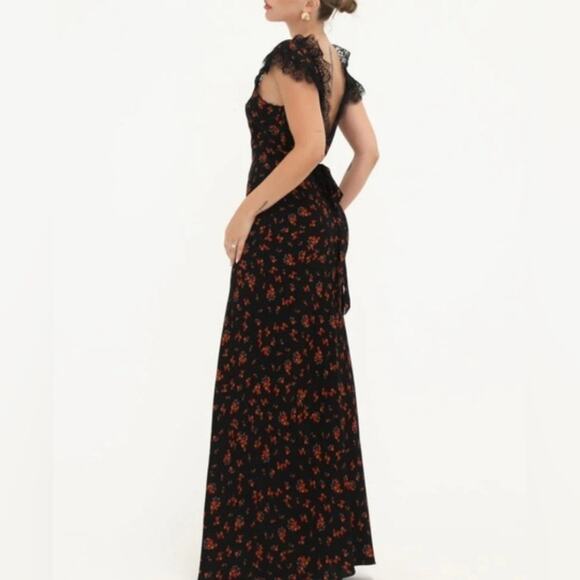 NEW Rumored Frontier Spanish Poppy Black Red Floral Lace Maxi Dress Small - Picture 6 of 15